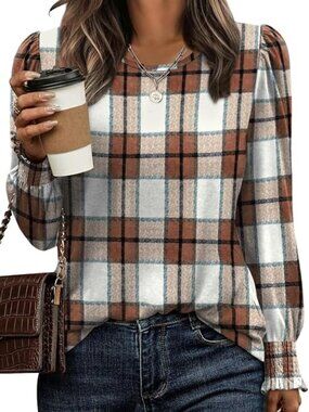 Puff Sleeve Tunic Blouse Size M Brown Tan Plaid Preppy Fall
